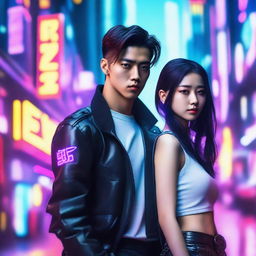 A strikingly handsome young man and his extremely pretty Korean girlfriend in a vibrant and futuristic cyberpunk setting.