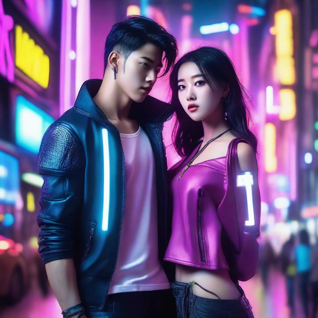 A strikingly handsome young man and his extremely pretty Korean girlfriend in a vibrant and futuristic cyberpunk setting.