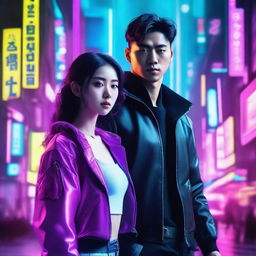 A strikingly handsome young man and his extremely pretty Korean girlfriend in a vibrant and futuristic cyberpunk setting.