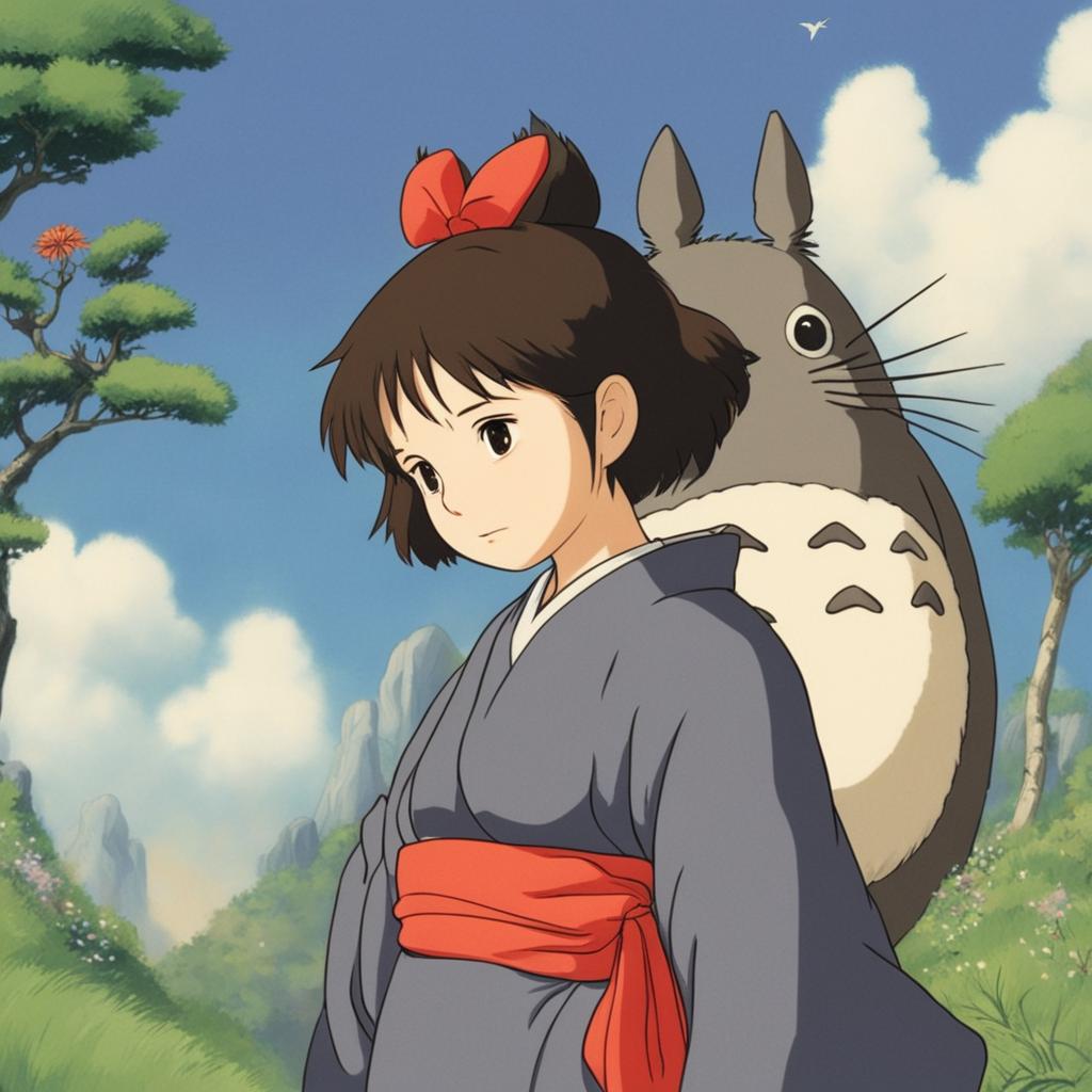 Studio Ghibli themed profile picture featuring a young woman in a kimono with a Totoro-like creature on her shoulder, set against a detailed natural landscape