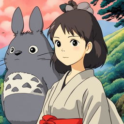 Studio Ghibli themed profile picture featuring a young woman in a kimono with a Totoro-like creature on her shoulder, set against a detailed natural landscape