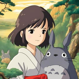 Studio Ghibli themed profile picture featuring a young woman in a kimono with a Totoro-like creature on her shoulder, set against a detailed natural landscape