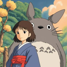 Studio Ghibli themed profile picture featuring a young woman in a kimono with a Totoro-like creature on her shoulder, set against a detailed natural landscape