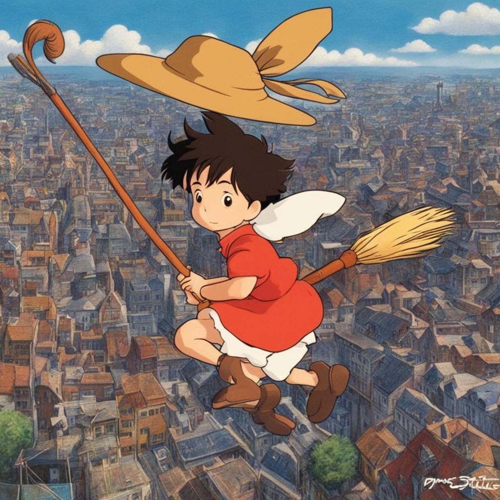 Studio Ghibli themed profile picture featuring a young man with a Kiki's Delivery Service inspired broomstick, set against a detailed cityscape