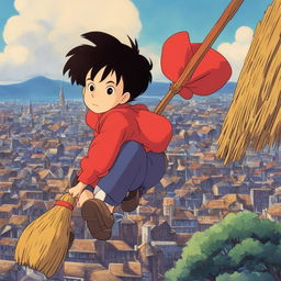 Studio Ghibli themed profile picture featuring a young man with a Kiki's Delivery Service inspired broomstick, set against a detailed cityscape