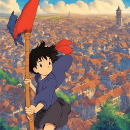 Studio Ghibli themed profile picture featuring a young man with a Kiki's Delivery Service inspired broomstick, set against a detailed cityscape