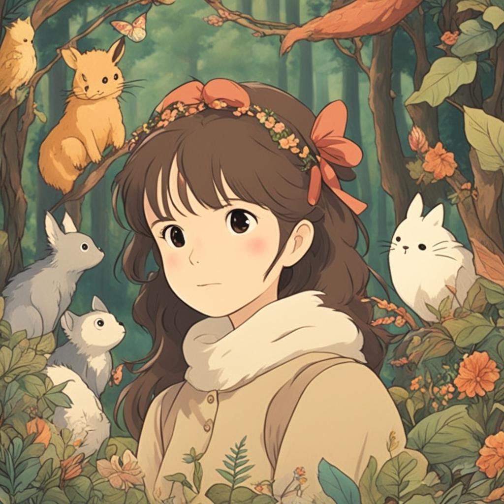 Studio Ghibli inspired profile picture featuring a young woman in a forest filled with Ghibli creatures