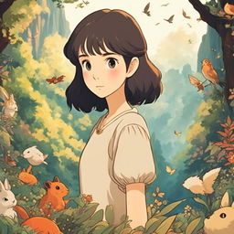 Studio Ghibli inspired profile picture featuring a young woman in a forest filled with Ghibli creatures