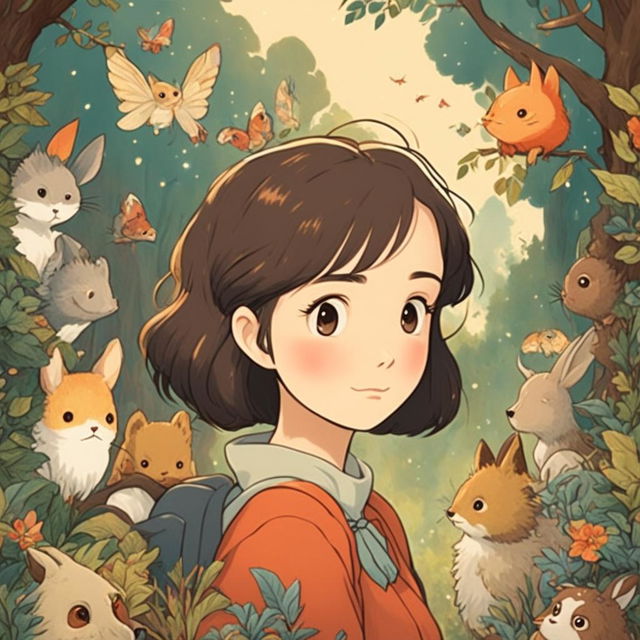 Studio Ghibli inspired profile picture featuring a young woman in a forest filled with Ghibli creatures