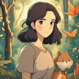 Studio Ghibli inspired profile picture featuring a young woman in a forest filled with Ghibli creatures