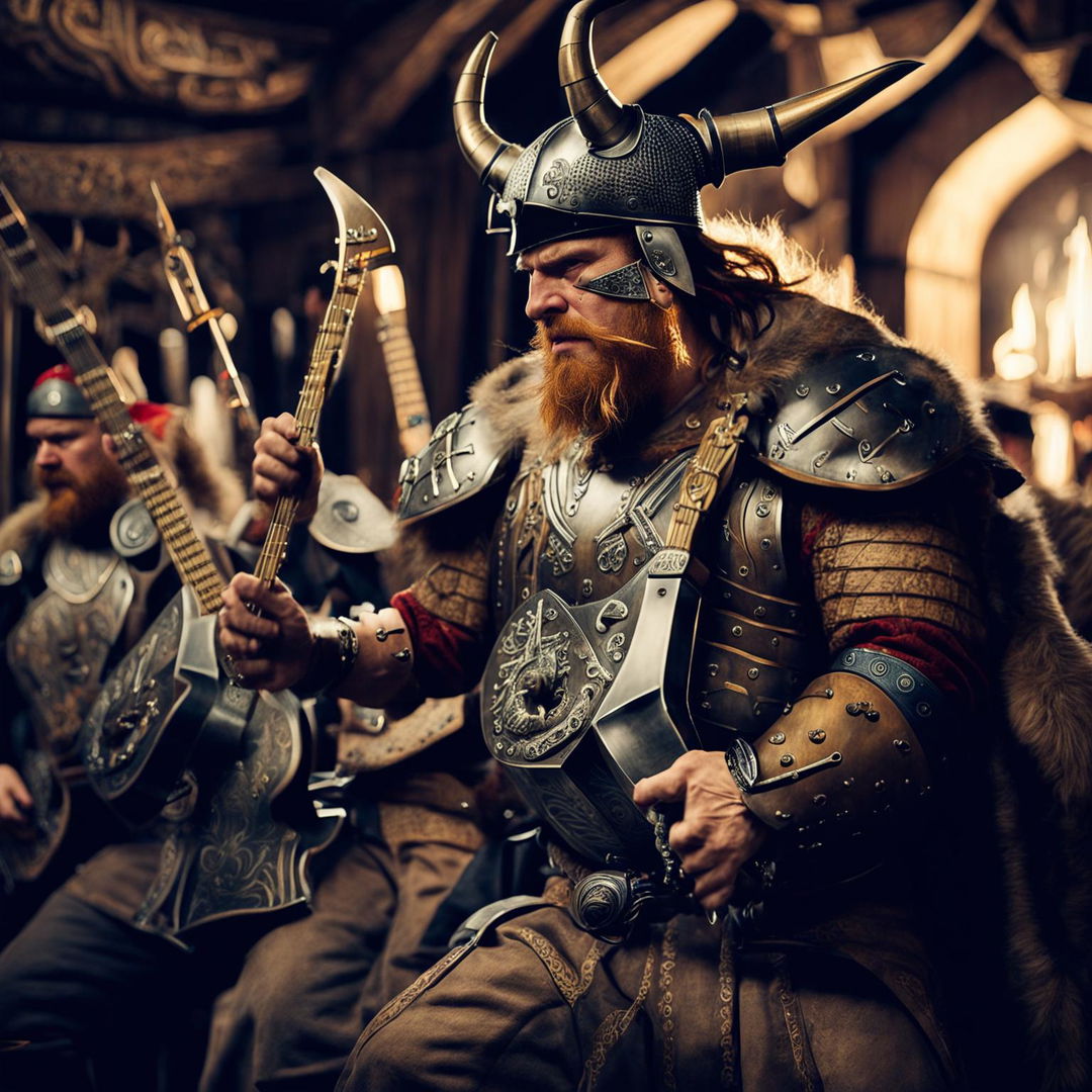 A Viking warrior playing djent chugs on two 8-string guitars, one wooden and one metal, in a Norse mead hall.