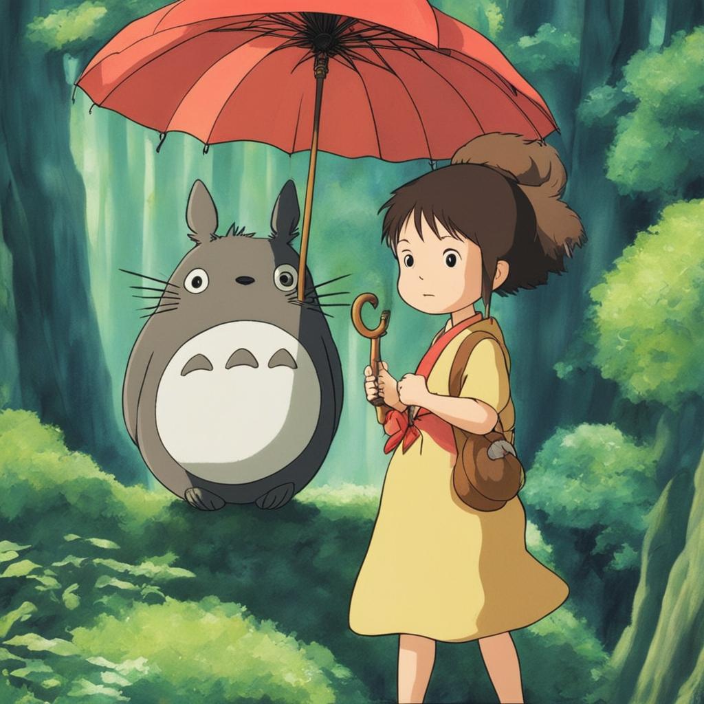 Studio Ghibli inspired profile picture featuring a young woman in traditional Ghibli-style dress in a lush forest with forest spirits and Totoro holding an umbrella