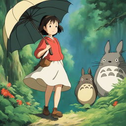 Studio Ghibli inspired profile picture featuring a young woman in traditional Ghibli-style dress in a lush forest with forest spirits and Totoro holding an umbrella