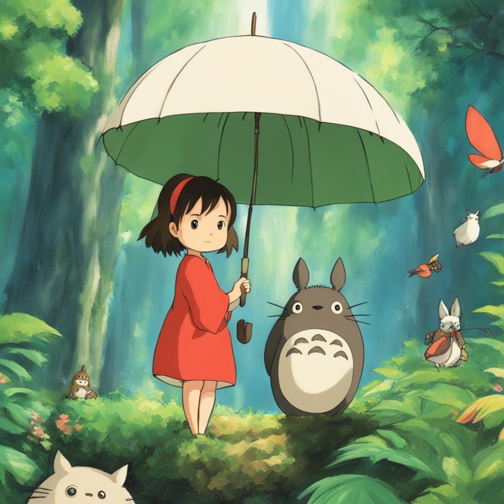 Studio Ghibli inspired profile picture featuring a young woman in traditional Ghibli-style dress in a lush forest with forest spirits and Totoro holding an umbrella