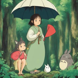 Studio Ghibli inspired profile picture featuring a young woman in traditional Ghibli-style dress in a lush forest with forest spirits and Totoro holding an umbrella