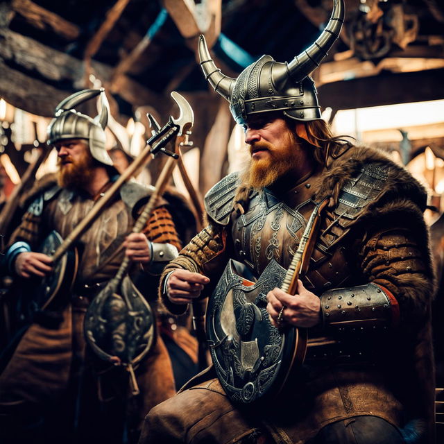 A Viking warrior playing djent chugs on two 8-string guitars, accompanied by rhythmic 'ooga booga' drums in a Norse mead hall