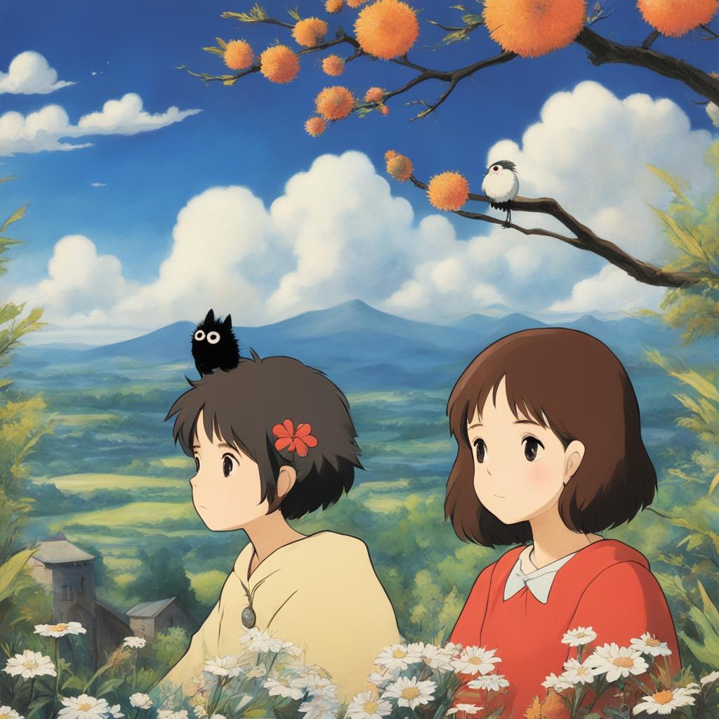 Studio Ghibli inspired profile picture featuring a young woman with wildflower crown and soot sprite companion against a backdrop of iconic Ghibli landscape