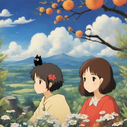 Studio Ghibli inspired profile picture featuring a young woman with wildflower crown and soot sprite companion against a backdrop of iconic Ghibli landscape