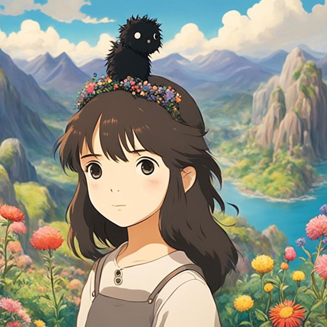 Studio Ghibli inspired profile picture featuring a young woman with wildflower crown and soot sprite companion against a backdrop of iconic Ghibli landscape