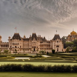 A lavish palace fit for a king, with opulent architectural details, grand pillars, intricate carvings, and lush, royal gardens surrounding it.