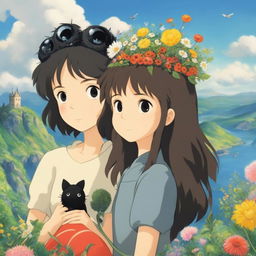 Studio Ghibli inspired profile picture featuring a young woman with wildflower crown and soot sprite companion against a backdrop of iconic Ghibli landscape