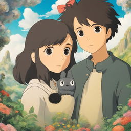 Studio Ghibli inspired profile picture featuring a young woman with wildflower crown and soot sprite companion against a backdrop of iconic Ghibli landscape