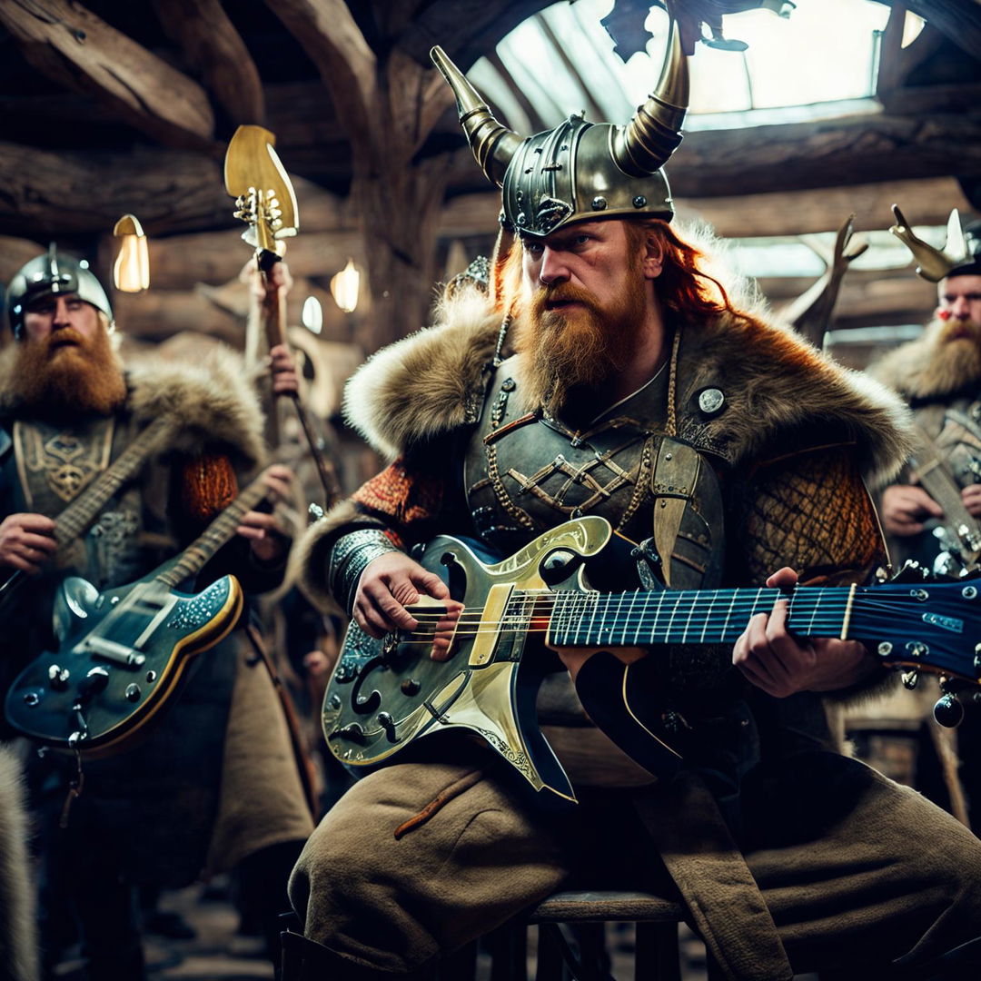 A Viking warrior playing djent chugs on two 8-string guitars, accompanied by rhythmic 'ooga booga' drums and surrounded by Vikings with beers in a Norse mead hall