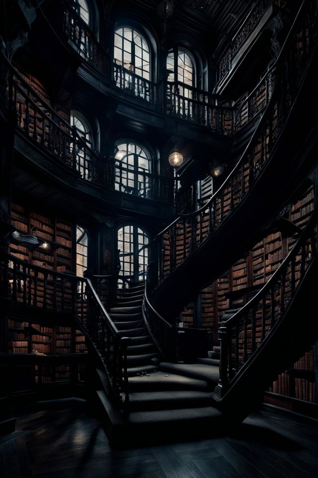 Inspirational cinematic photography of a dark academia themed old-world library under moonlight, with spiraling staircases, towering mahogany bookcases filled with books, and dimly lit vintage table lamps