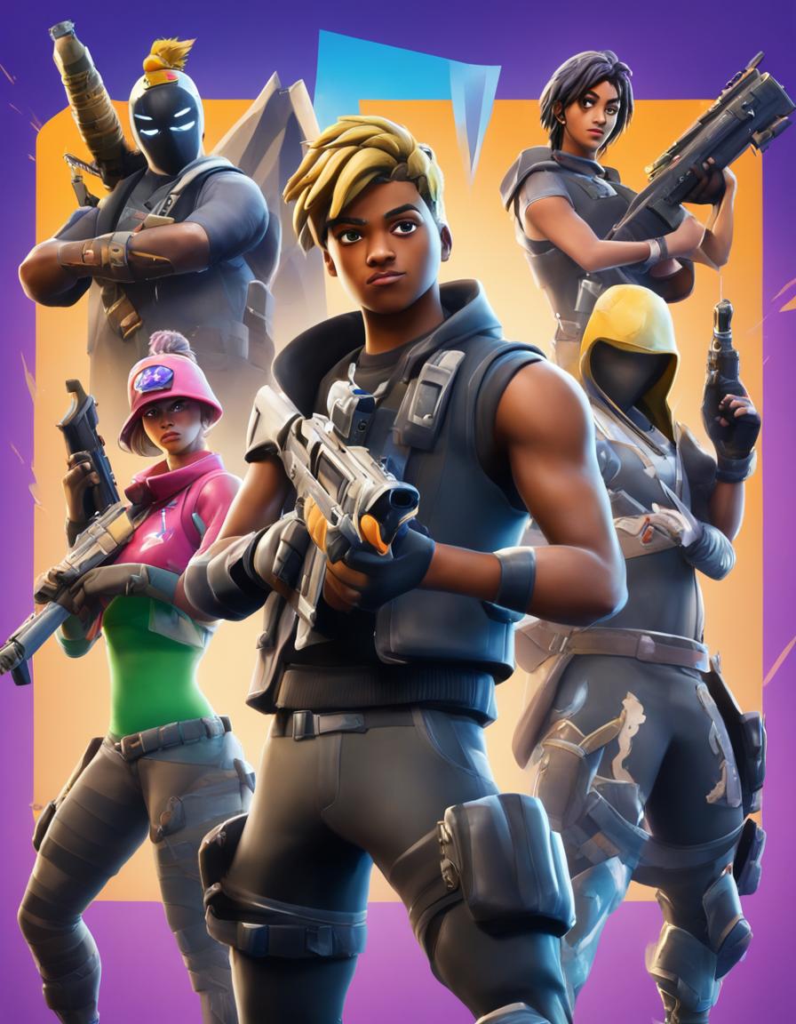 A 32k HD Fortnite poster featuring Juice WRLD in a custom skin wielding a Scar weapon amidst an active battle scene with other characters and popular landmarks