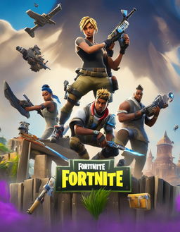 A 32k HD Fortnite poster featuring Juice WRLD in a custom skin wielding a Scar weapon amidst an active battle scene with other characters and popular landmarks