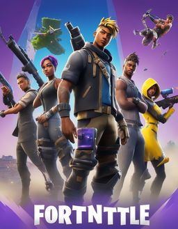 A 32k HD Fortnite poster featuring Juice WRLD in a custom skin wielding a Scar weapon amidst an active battle scene with other characters and popular landmarks