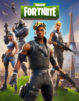 A 32k HD Fortnite poster featuring Juice WRLD in a custom skin wielding a Scar weapon amidst an active battle scene with other characters and popular landmarks