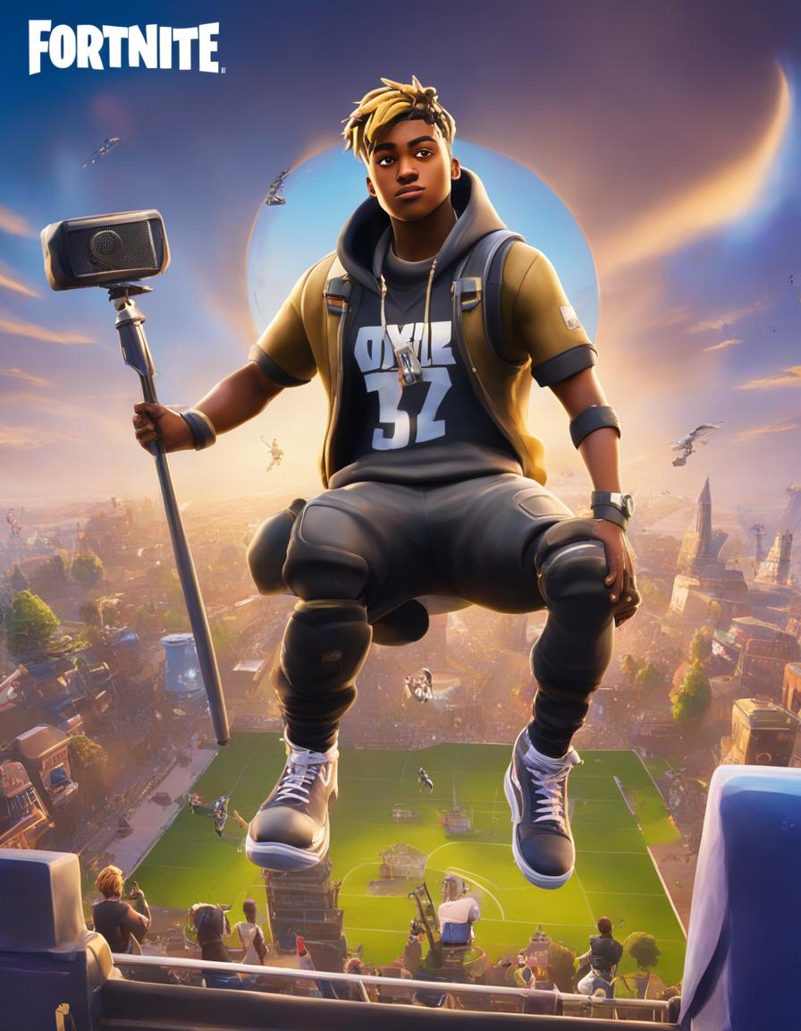 A 32k HD Fortnite poster featuring Juice WRLD in a custom skin performing a concert on a massive stage amidst cheering characters and popular landmarks