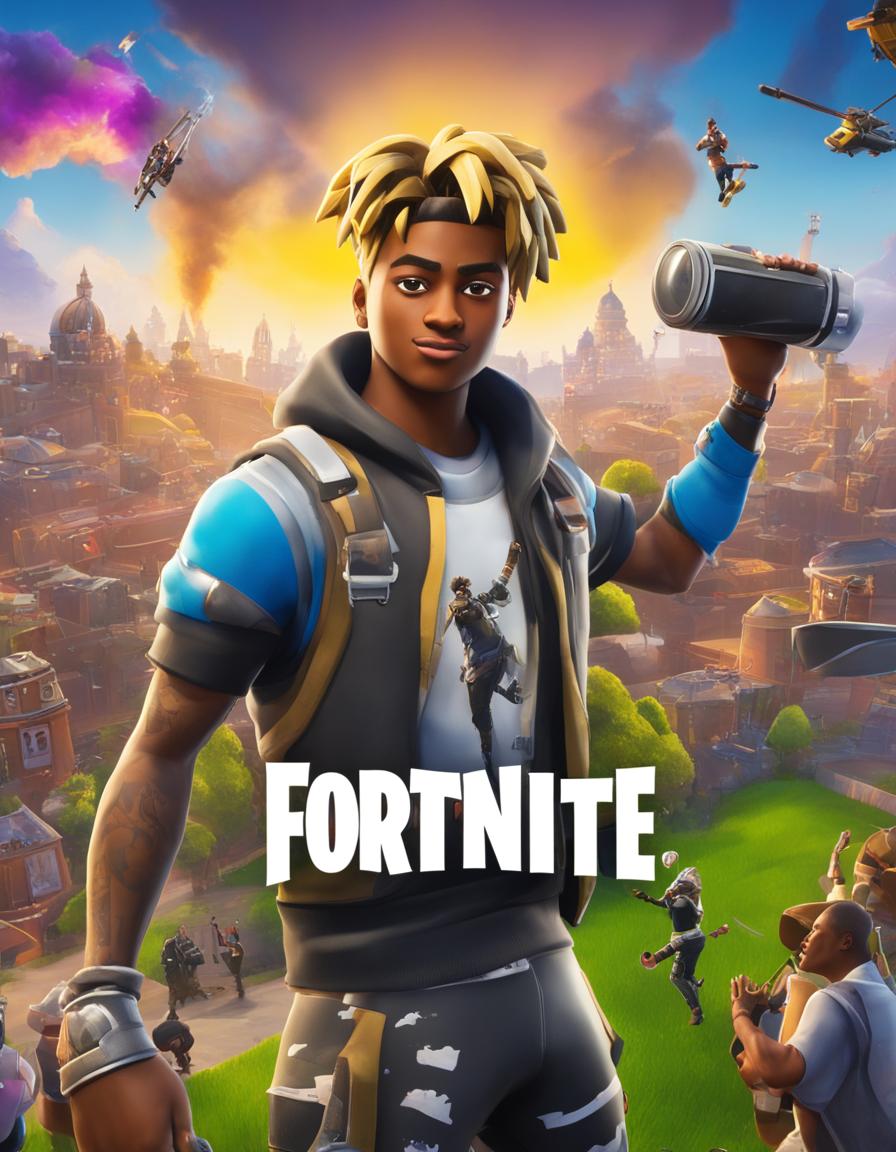 A 32k HD Fortnite poster featuring Juice WRLD in a custom skin performing a concert on a massive stage amidst cheering characters and popular landmarks