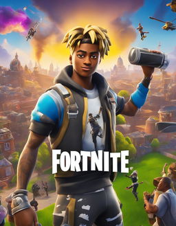 A 32k HD Fortnite poster featuring Juice WRLD in a custom skin performing a concert on a massive stage amidst cheering characters and popular landmarks