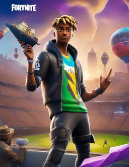 A 32k HD Fortnite poster featuring Juice WRLD in a custom skin performing a concert on a massive stage amidst cheering characters and popular landmarks