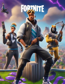 A 32k HD Fortnite poster featuring Juice WRLD in a custom skin performing a concert on a massive stage amidst cheering characters and popular landmarks