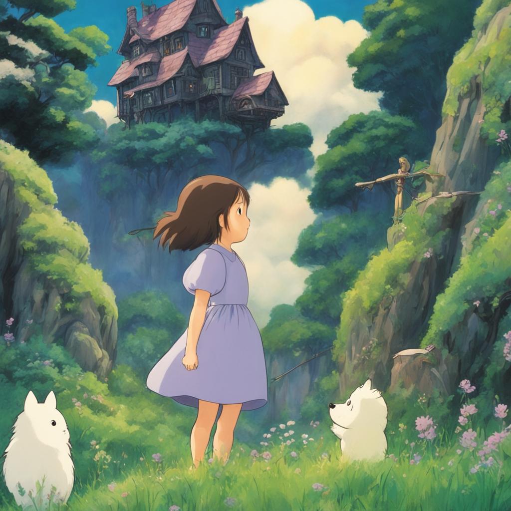 Studio Ghibli themed profile picture featuring a young girl in a lavender dress in a lush forest with kodama creatures and a house resembling Howl's Moving Castle in the background