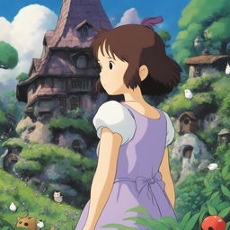 Studio Ghibli themed profile picture featuring a young girl in a lavender dress in a lush forest with kodama creatures and a house resembling Howl's Moving Castle in the background