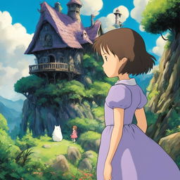 Studio Ghibli themed profile picture featuring a young girl in a lavender dress in a lush forest with kodama creatures and a house resembling Howl's Moving Castle in the background