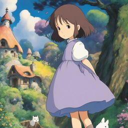 Studio Ghibli themed profile picture featuring a young girl in a lavender dress in a lush forest with kodama creatures and a house resembling Howl's Moving Castle in the background