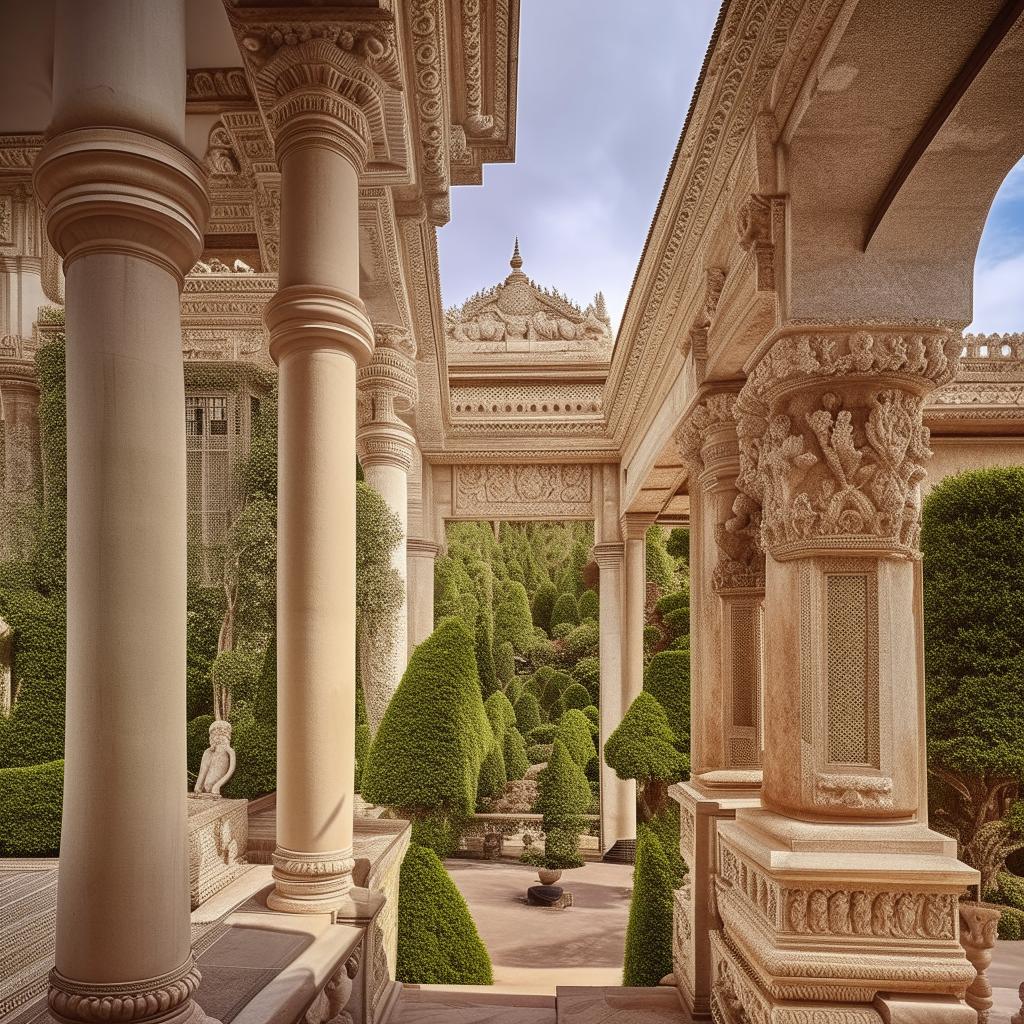 A lavish palace fit for a king, with opulent architectural details, grand pillars, intricate carvings, and lush, royal gardens surrounding it.