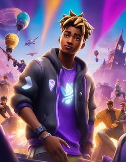 A 32k HD Fortnite poster featuring Juice WRLD performing a trippy concert on a massive stage bathed in purple light amidst cheering characters and popular landmarks