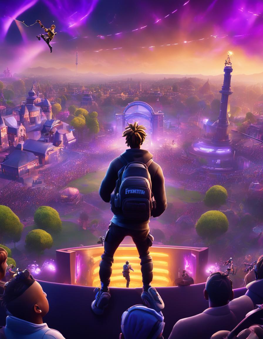 A 32k HD Fortnite poster featuring Juice WRLD performing a trippy concert on a massive stage bathed in purple light amidst cheering characters and popular landmarks