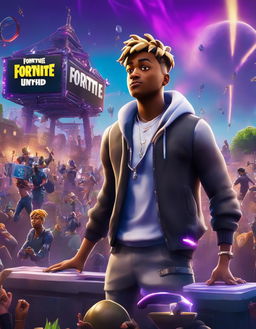 A 32k HD Fortnite poster featuring Juice WRLD performing a trippy concert on a massive stage bathed in purple light amidst cheering characters and popular landmarks