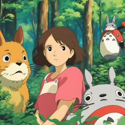 Studio Ghibli inspired profile picture featuring a young woman in a forest setting with various Ghibli characters subtly incorporated into the scene