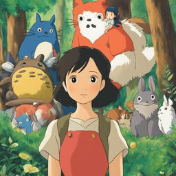 Studio Ghibli inspired profile picture featuring a young woman in a forest setting with various Ghibli characters subtly incorporated into the scene