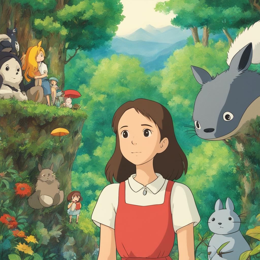 Studio Ghibli inspired profile picture featuring a young woman in a forest setting with various Ghibli characters subtly incorporated into the scene