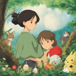 Studio Ghibli inspired profile picture featuring a young woman in a forest setting with various Ghibli characters subtly incorporated into the scene