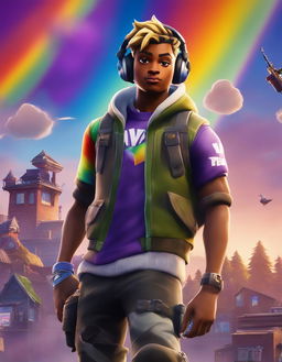 A 32k HD Fortnite poster featuring Juice WRLD performing rap music in Tilted Towers under a purple sky with a rainbow.